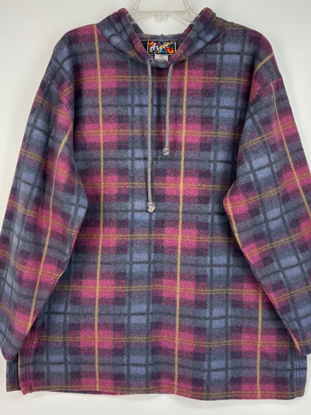 Vintage Argee Mens Unisex Large Pullover Fleece Sweatshirt Pink Blue Plaid LS